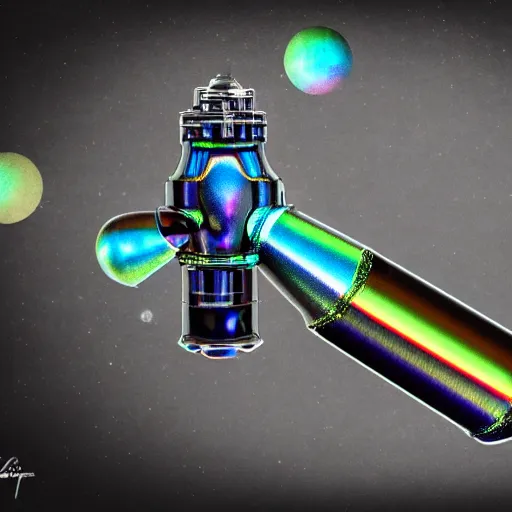 Prompt: unstable exotic matter powered raygun, well defined mechanical features, triadic chrome shading, iridescent liquid energy tank, dark background, softglow, sharp focus, full device, vintage style, charcoal and champagne