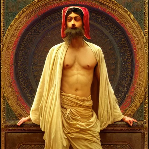 Image similar to orientalist portrait of a sage wearing a golden mask casting a glowing lightning magic spell in a sandstone temple intricate portrait by john william waterhouse and Edwin Longsden Long and Theodore Ralli and William-Adolphe Bouguereau, very coherent symmetrical artwork. Cinematic, hyper realism, high detail 8k