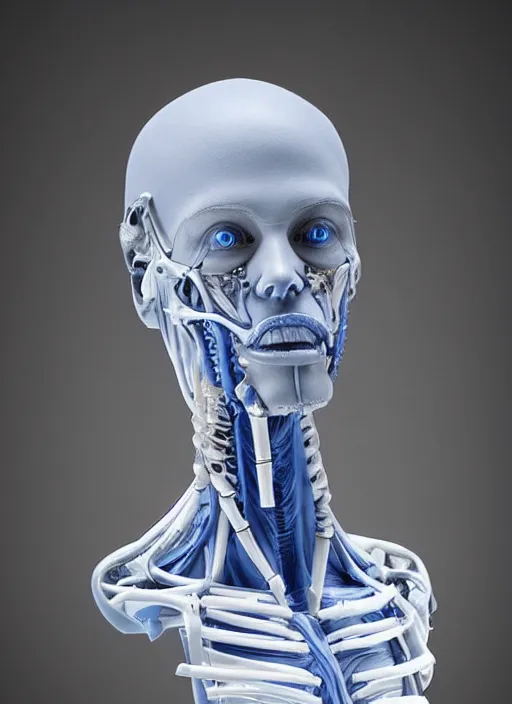 Image similar to a bust sculpture of anatomical detailed cyborg, blue blood, become human, ceramic base, orthographic, studio lighting
