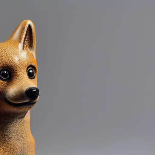 Image similar to studio photo of a ceramic figure, in the shape of a shiba inu. photorealistic, minimalist, ultra detailed.