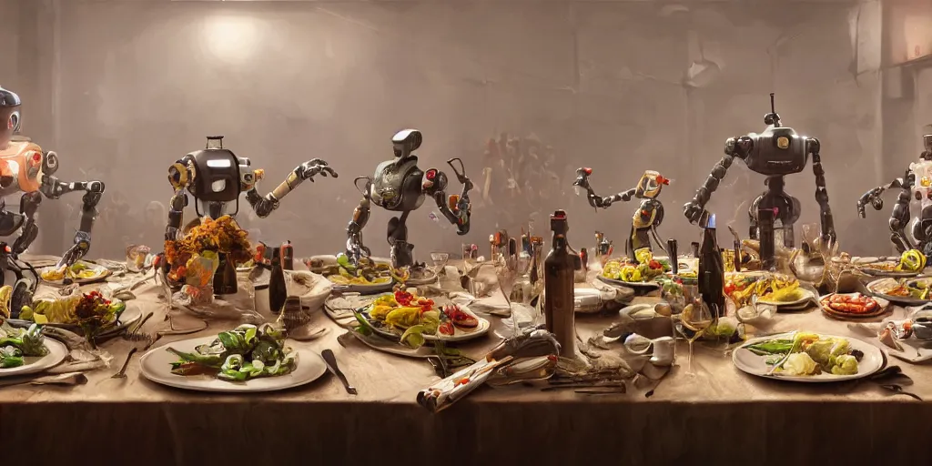 Image similar to a table dinner of robots where robots are dressed like the characters from the midsommar movie, cinematic, hyperdetailed, octane render, trending on art station, ultrarealistic