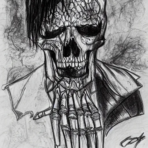 Image similar to black pen sketch of a superman zombie skeleton in a post - apocalyptic desert, the desert is in water color, elephant skull, pencil, intermediate art, paper art, pencil, bold lines, humans with apocalypse clothes on in the background, by an oil painter