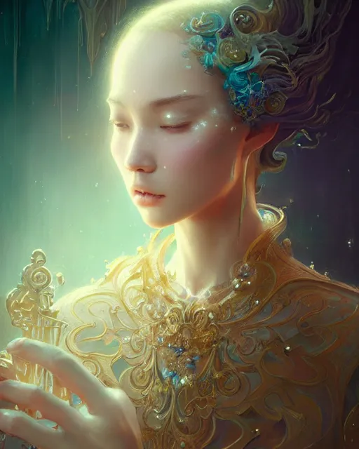 Prompt: opulent fantasy violin, fractal crystal, (((beauty portrait))) by WLOP, James Jean, Victo ngai, unreal engine, beautifully lit, elegant, muted colors, highly detailed, fantasy art by Craig Mullins, Thomas Kinkade