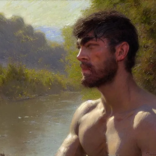 Image similar to man by the river, muscular, detailed face, correct face, painting by Gaston Bussiere, Craig Mullins