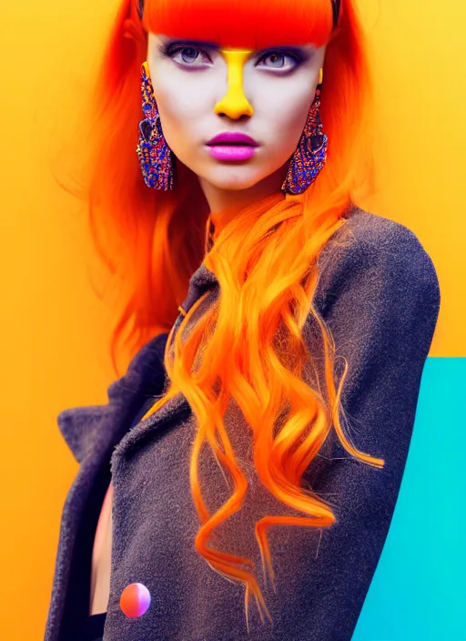 Prompt: coat for a rave,Orange hairstyle, earrings, bright soft colors, soft yellow background, many details, prints, photo for a magazine, photo for a store, fashion photography, Vogue, 135 mm, cinematic, hyper realism, high detail, octane render, 8k, chrome accents, very coherent symmetrical artwork, perfect face model, Soft light, Reduced contrast