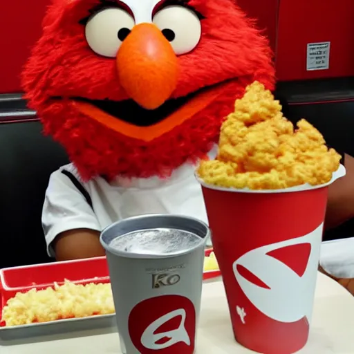 Prompt: photo of elmo at a KFC