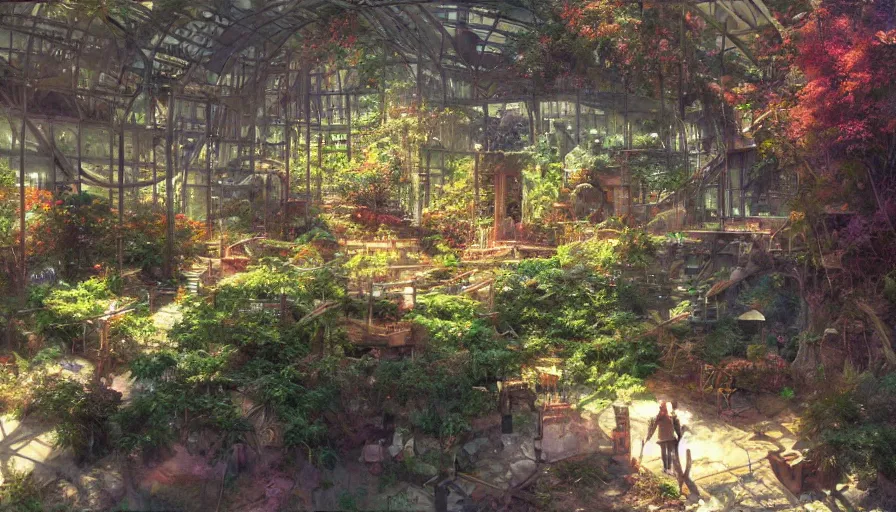 Image similar to craig mullins and ghibli digital illustration of the interior of a biodome, colorful, unreal engine, hyper realism, realistic shading, cinematic composition, realistic render, octane render, detailed textures, photorealistic, wide shot,