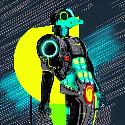 Prompt: Cyberpunk cyborg penguin. Neon, bright.