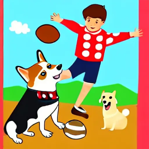 Image similar to illustration of boy playing football with a corgi wearing a polkadot scarf on the streets of paris