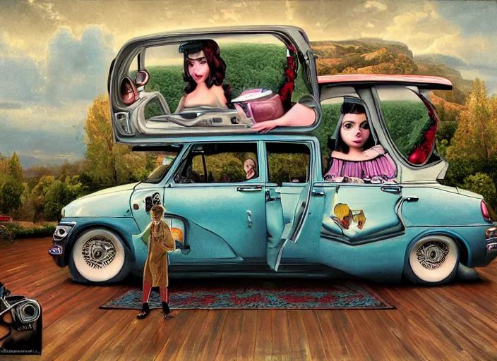 Prompt: the world inside a car, lisa ann, lowbrow, matte painting, 3 - d highly detailed, in the style of mark ryden,