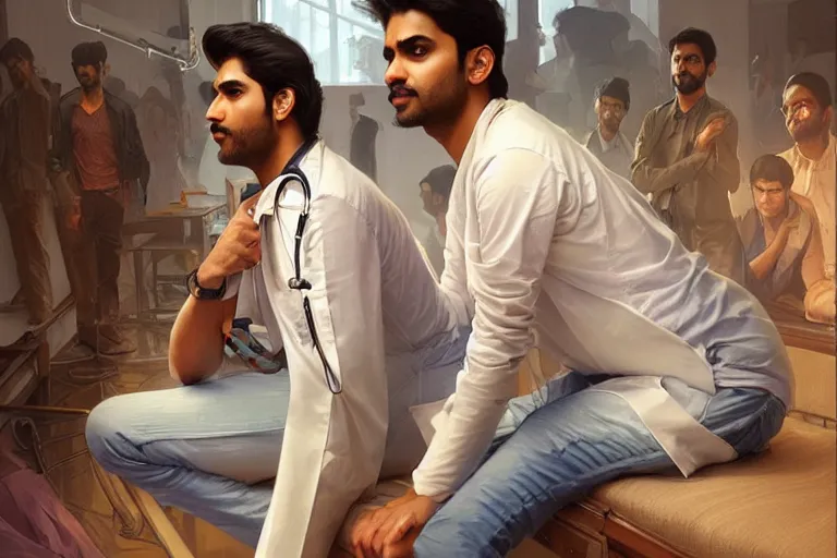 Image similar to Anxious good looking pale young Indian doctors wearing jeans inside a hospital, portrait, elegant, intricate, digital painting, artstation, concept art, smooth, sharp focus, illustration, art by artgerm and greg rutkowski and alphonse mucha