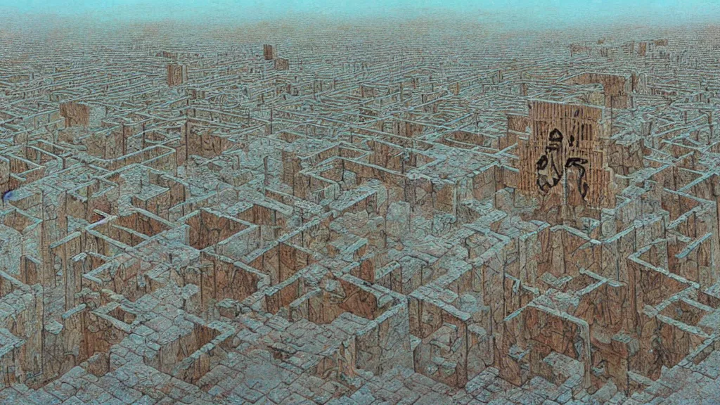 Prompt: atmospheric ancient ruins of a giant maze in the desert by beksinski and peter gric and bruce pennington