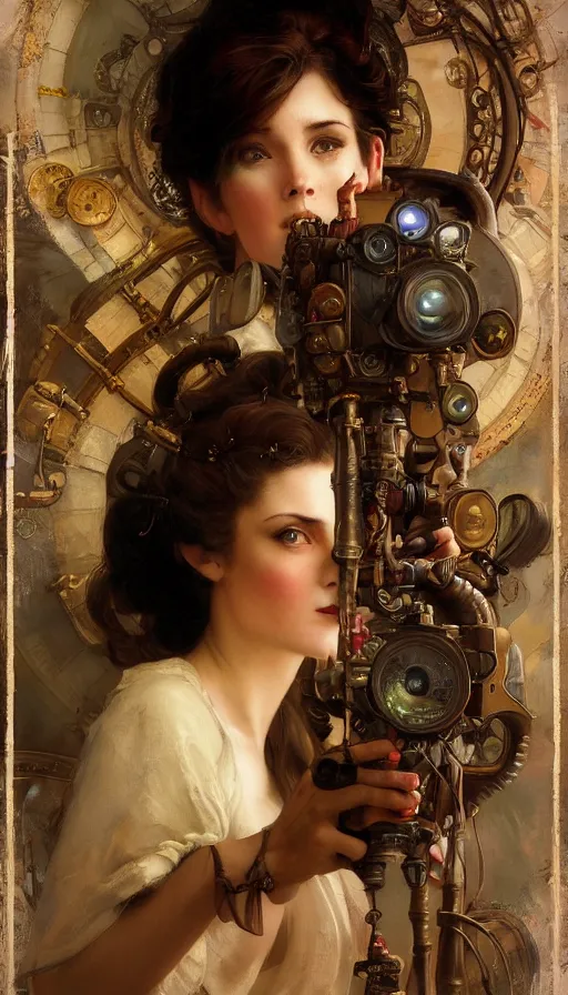 Image similar to hyper realistic photographer looking through camera, magical, steampunk, painted by norman rockwell, tom bagshaw, mucha, gaston bussiere, craig mullins, j. c. leyendecker 8 k