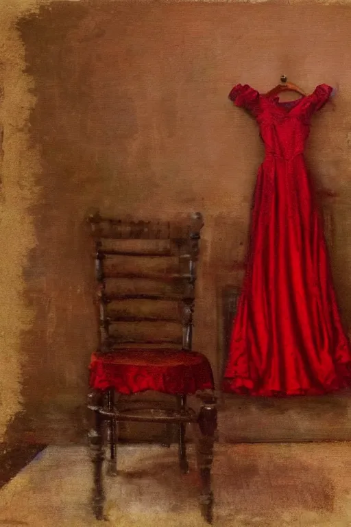 Image similar to an empty red dress laid across a chair in a dark victorian era room. in the style of american impressionism painting.