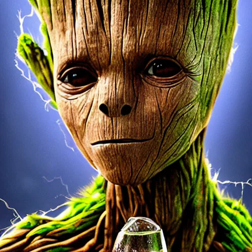 Prompt: A photo portrait of Groot drinking a glass of water, 4k, full color