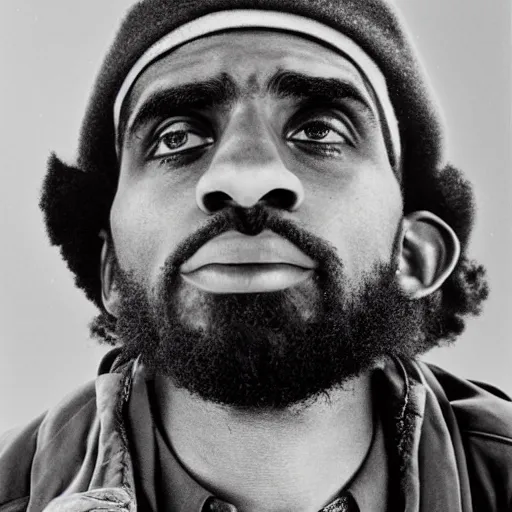 Prompt: portrait of kyrie irving, kyrie irving as che guevara, heroico, black and white, photograph by alberto korda, inspiring, dignifying, national archives