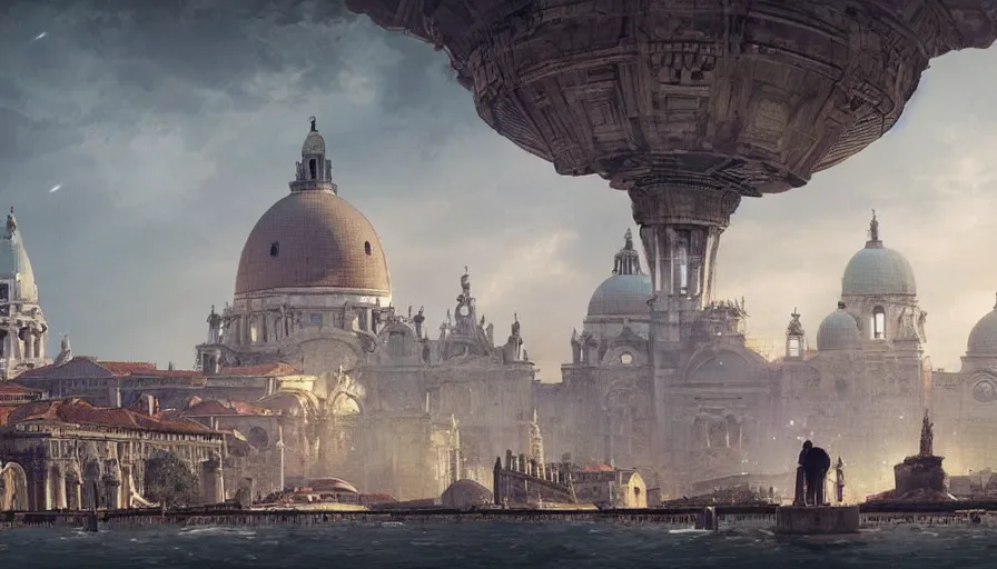 Image similar to an alien ufo high tech spaceship landing on italy venice city landscape with beautiful temples by greg rutkowski, artgerm, ross tran, magali villeneuve, intricate, time travel theme, audince in awe, spectacle, audience sorrounding, award winning, octane render, masterpiece, 8 k