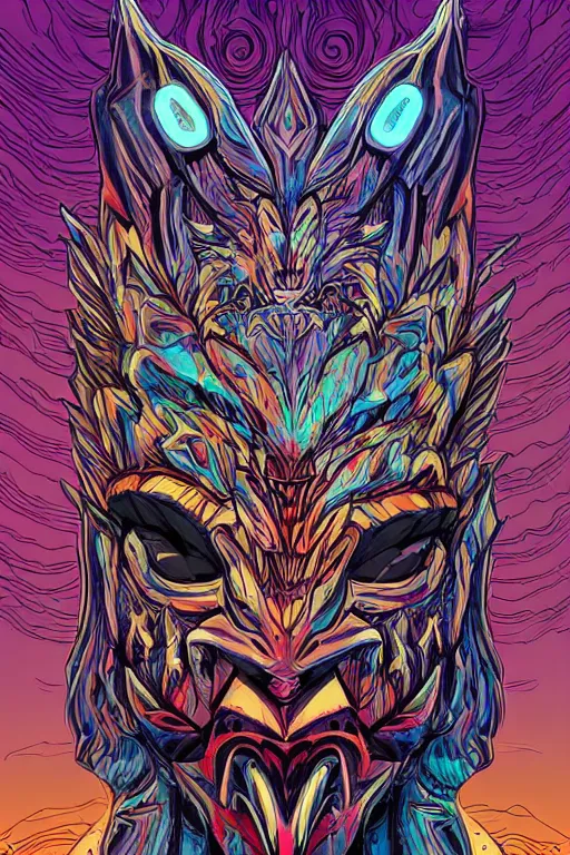 Image similar to totem animal mask tribal feather gemstone plant wood rock shaman vodoo video game vector illustration vivid multicolor borderlands comics by josan gonzales and dan mumford radiating a glowing aura