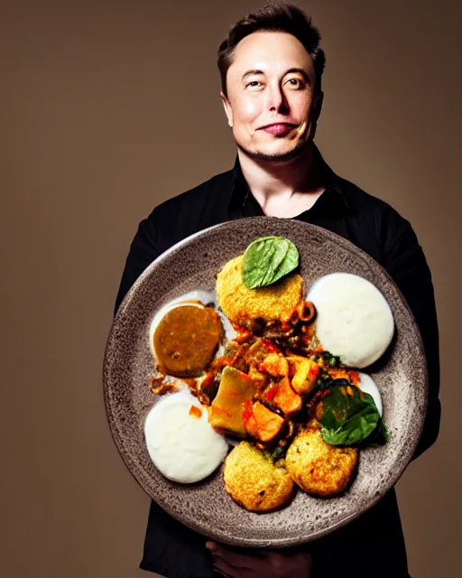 Image similar to a portrait of elon musk with a plate containing idli and sambar in front of him, highly detailed, trending on artstation, bokeh, 9 0 mm, f / 1. 4