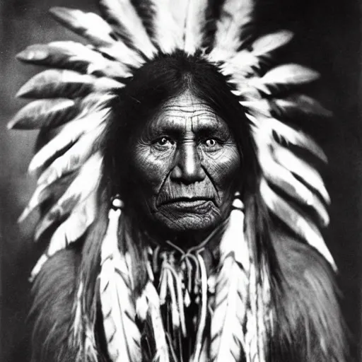 Prompt: vintage photo of a native american by edward s curtis, photo journalism, photography, cinematic, national geographic photoshoot