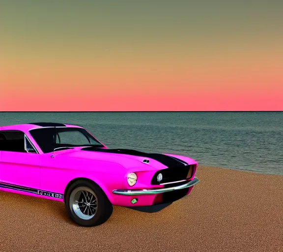 Prompt: shot of 1967 Ford mustang Shelby GT500 in pink color at sunset in front a beach, 3d render