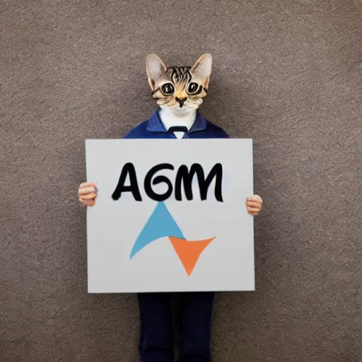 Prompt: realistic perfect cat standing holding up sign saying atom