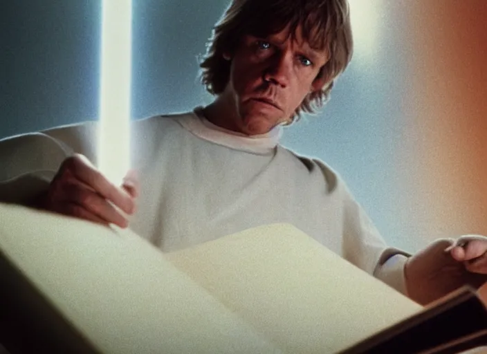 Image similar to detailed photo of Luke skywalker uncovering the glowing book of ancient jedi texts. a hazy ethereal ancient temple, screenshot from the 1983 film, Photographed with Leica Summilux-M 24 mm lens, ISO 100, f/8, Portra 400, kodak film, anamorphic lenses