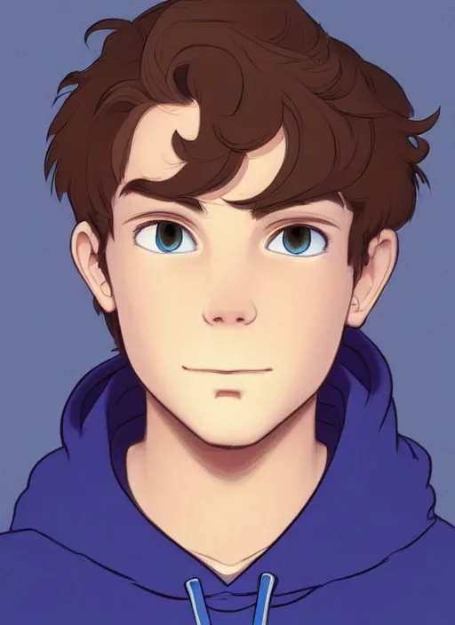 Prompt: teen boy with brown hair and big blue eyes, wearing a hoodie, natural lighting, path traced, highly detailed, high quality, cartoon, digital painting, by don bluth and ross tran and studio ghibli and alphonse mucha