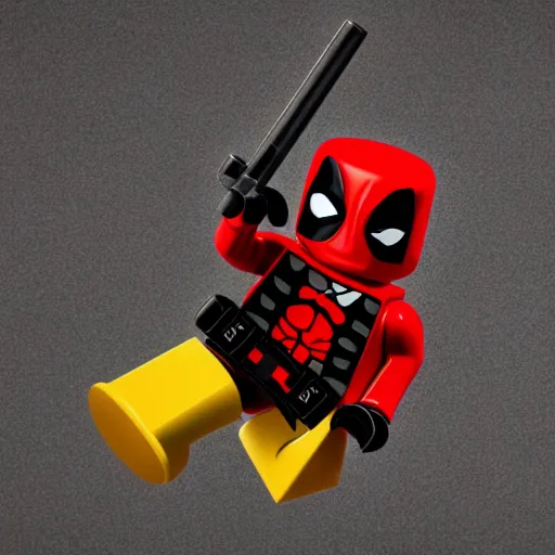 Image similar to deadpool as lego character, bokeh, photo, hyperrealistic, detailed textures and soft studio lighting, striking a cinematic pose, lego background, duplo, lego movie, octane render, 8 k soft shadows, sharp focus, extreme detail, hyper realistic, award winning photo