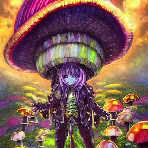 Image similar to anime 4 k headshot portrait of a psychedelic demonic anthropomorphic insect knight with mushroom themed clothes, magic mushroom village in background by jeff easley, award winning, stylized neon, post - processing, masterpiece, superb resolution. in the art style of junji ito and greg rutkowski. detailed mushroom city in background. hyper realistic anime. perfect art. dalle 2