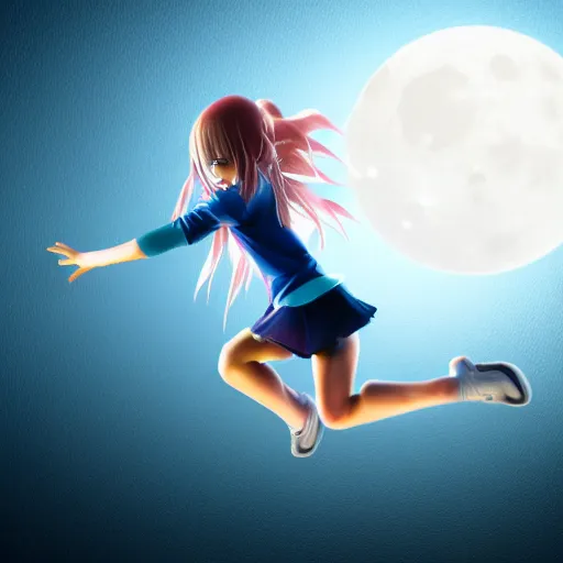 Image similar to hd 3d render of anime style teenager girl doing moonwalk with dynamic lighting, blue tint