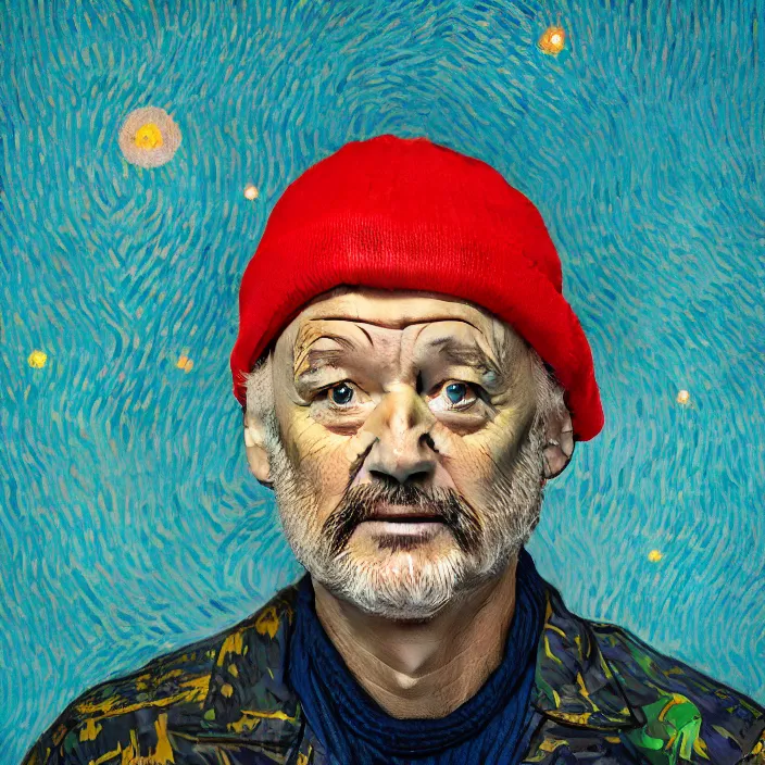 Image similar to portrait of bill murray as steve zissou, painting in the style of Wes Anderson. intricate artwork. by Van Gogh. octane render, trending on artstation, greg rutkowski very coherent symmetrical artwork. cinematic, high detail, octane render, 8k, iridescent accents