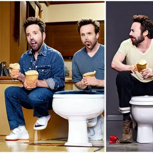 Prompt: Charlie Day and Rob McElhenney, kneeling down eating ice cream out of a white toilet bowl together, norman Rockwell