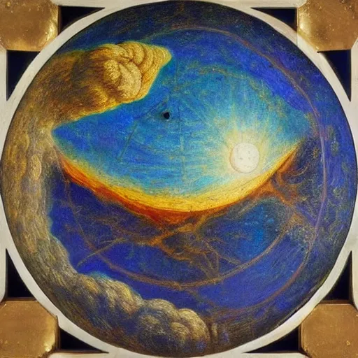 Image similar to Oil painting of the creation of the universe in the style of Leonardo da Vinci