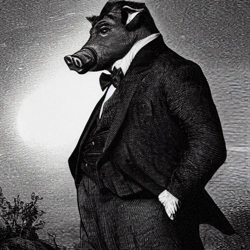 Prompt: closeup portrait of a pig in a tuxedo, dramatic lighting, farm background, moon, chiaroscuro, high detail, illustration by gustave dore