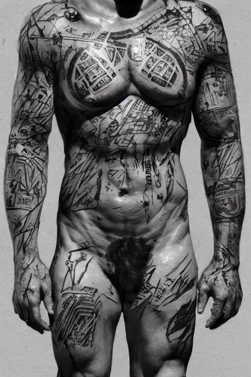 Image similar to centred completely front portrait of a muscular torso covered in runic tattoos front view, art by Ruan Jia , Moebious, Craig Mullin, and Nick Knight