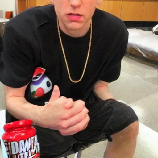 Prompt: Eminem disguised as an M&M