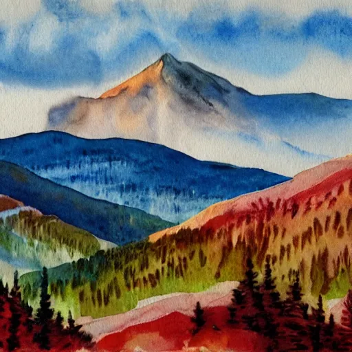 Prompt: spectacular mountain view, socialist art, watercolor, hires 8 k