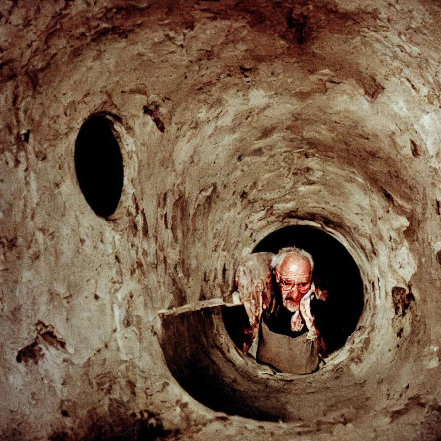 Image similar to 9 0 s movie still of an old man with a bloody hole in the stomach in a spiral tunnel, cinestill 8 0 0 t 3 5 mm, heavy grain, high quality, high detail