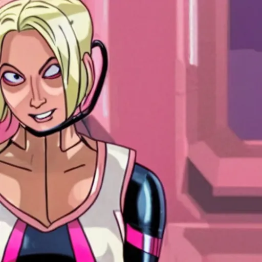 Image similar to A still of Gwenpool in Deadpool 3 (2023), blonde hair with pink highlights, no mask, white and light-pink outfit, smiling and winking at the camera, comics accurate design