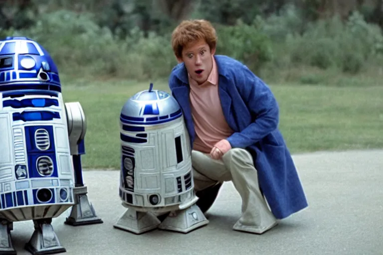 Prompt: a movie still from the 2000 romcom movie when Harry Met R2D2