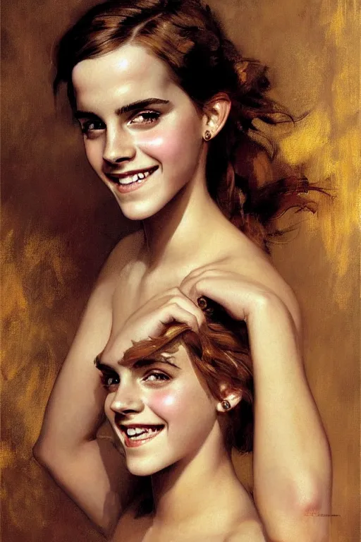 Image similar to smiling emma watson detailed portrait painting by gaston bussiere craig mullins j. c. leyendecker richard avedon