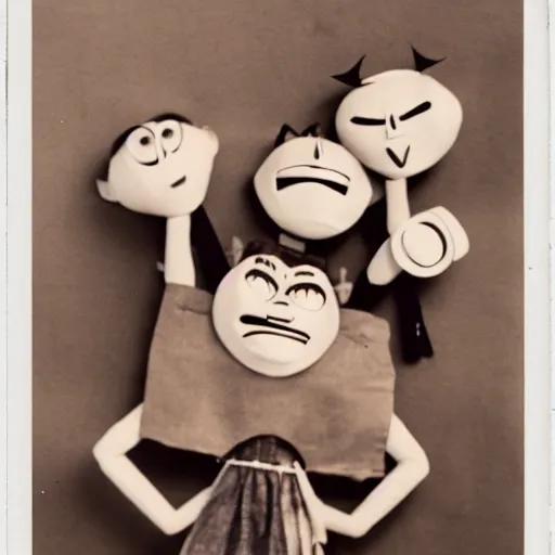 Image similar to 1 9 5 0 s children puppets on strings attacking viewer, angry face, scary, fear, horror, thriller, cinematic still, jumping towards viewer, jump scare, pov, wide shot, polaroid,