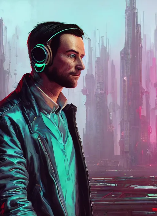 Prompt: scheming Anders. handsome cyberpunk nightclub owner wearing a cyberpunk headset and red jacket. handsome face. Realistic Proportions. Concept art by James Gurney and Laurie Greasley. Moody Industrial skyline. ArtstationHQ. Creative character design for cyberpunk 2077.