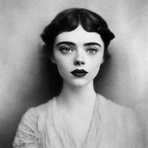 Image similar to headshot edwardian photograph of elle fanning, scarlett johansson, lily collins, barbara palvin, 1 9 2 0 s film actress, realistic face, 1 9 1 0 s, grainy, victorian, detailed, soft blur