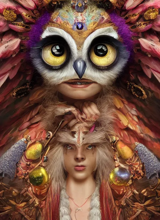 Image similar to an anthropomorphic beautiful goddess female wizard made of owl portrait holding a staff wearing colourful robe, fine art, award winning, intricate, elegant, sharp focus, octane render, hyperrealistic, cinematic lighting, highly detailed, digital painting, 8 k concept art, art by jamie hewlett and z. w. gu, masterpiece, trending on artstation, 8 k