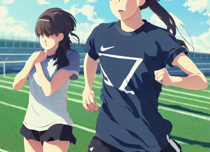 Prompt: portrait of high school runner girl, sunny sky background stadium landscape illustration concept art anime key visual trending pixiv fanbox by wlop and greg rutkowski and makoto shinkai and studio ghibli and kyoto animation symmetrical facial features sports clothing marathon race nike shirt