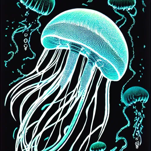 Jellyfish in iridescent watercolours on black watercolour paper