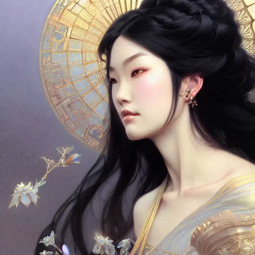 Prompt: Chinese beauty, D&D, blue eyes, black hair, fantasy, intricate, elegant, highly detailed, digital painting, artstation, concept art, smooth, sharp focus, illustration, art by artgerm and greg rutkowski and alphonse mucha