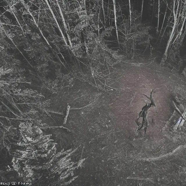 Image similar to bloody wendigo in forest at night, night vision, shot from drone, grainy